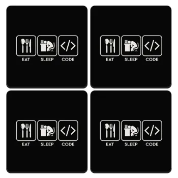 Eat Sleep Code, ΣΕΤ 4 Σουβέρ ξύλινα τετράγωνα (9cm)