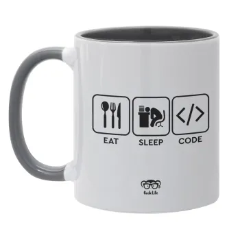 Eat Sleep Code, Κούπα χρωματιστή γκρι, κεραμική, 330ml