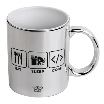 Eat Sleep Code, Mug ceramic, silver mirror, 330ml