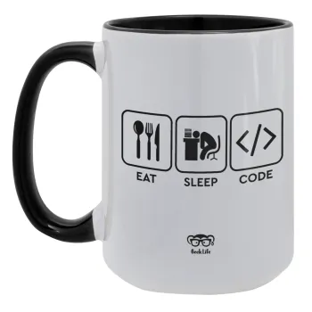 Eat Sleep Code, Κούπα Mega 15oz, κεραμική Μαύρη, 450ml