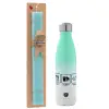 Easter Set, Metallic green/white thermos (Stainless steel), double-walled, 500ml & scented flat Easter candle (30cm) (TURQUOISE)