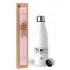 Easter Set, metallic stainless steel water bottle (750ml) & scented flat Easter candle (30cm) (PINK)