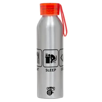 Eat Sleep Code, Αλουμινένιο Αθλητικό Μπουκάλι 650ml – Ασημί με Κόκκινο Καπάκι και Λουράκι Σιλικόνης
