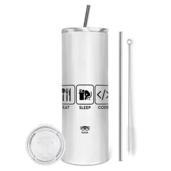 Eat Sleep Code, Tumbler ποτήρι θερμό από ανοξείδωτο ατσάλι 600ml, με μεταλλικό καλαμάκι & βούρτσα καθαρισμού