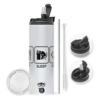 Eat Sleep Code, Travel Tumbler θερμό με διπλό καπάκι, μεταλλικό καλαμάκι και βούρτσα καθαρισμού (Ανωξείδωτο 304 Food grade, BPA free, 600ml)