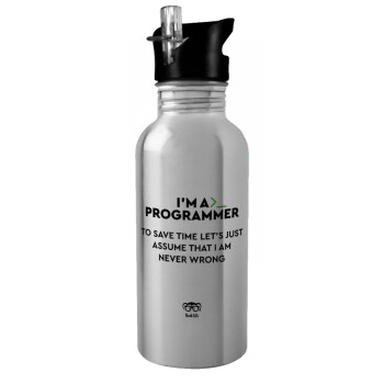 I’m a programmer Save time, Water bottle Silver with straw, stainless steel 600ml