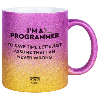 I’m a programmer Save time, Κούπα Χρυσή/Ροζ Glitter, κεραμική, 330ml
