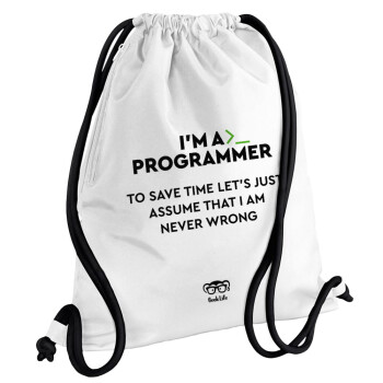 I’m a programmer Save time, Τσάντα πλάτης πουγκί GYMBAG λευκή, με τσέπη (40x48cm) & χονδρά κορδόνια