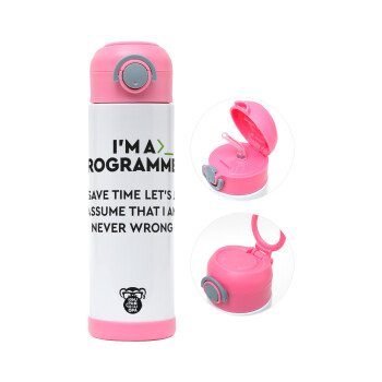I’m a programmer Save time, Children's hot water bottle, stainless steel, with safety straw, PINK (500ml)