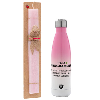 I’m a programmer Save time, Easter Set, Metallic pink/white (Stainless steel) thermos, double-walled, 500ml & aromatic flat Easter candle (30cm) (PINK)