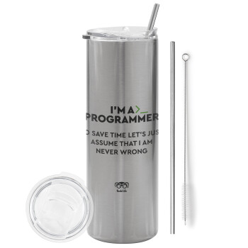 I’m a programmer Save time, Eco friendly stainless steel Silver tumbler 600ml, with metal straw & cleaning brush