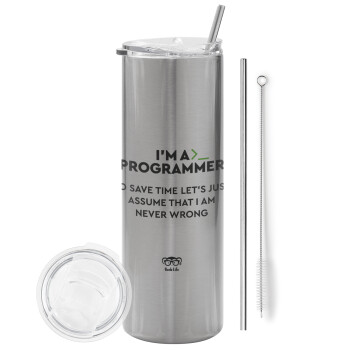 I’m a programmer Save time, Tumbler stainless steel Silver 600ml, with metal straw & cleaning brush