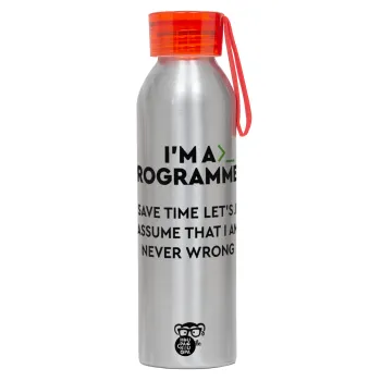 I’m a programmer Save time, Aluminum Sports Bottle 650ml – Silver with Red Cap and Silicone Strap