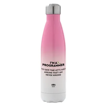 I’m a programmer Save time, Metal mug thermos Pink/White (Stainless steel), double wall, 500ml