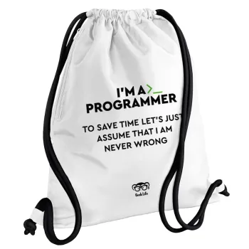 I’m a programmer Save time, Backpack pouch GYMBAG white, with pocket (40x48cm) & thick cords