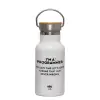 Metallic thermos (Stainless steel) White with wooden lid (bamboo), double-walled, 350ml