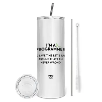 I’m a programmer Save time, Tumbler ποτήρι θερμό από ανοξείδωτο ατσάλι 600ml, με μεταλλικό καλαμάκι & βούρτσα καθαρισμού