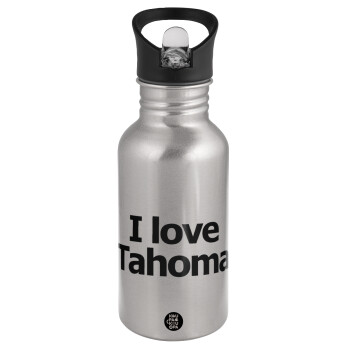 I love Tahoma, Water bottle Silver with straw, stainless steel 500ml