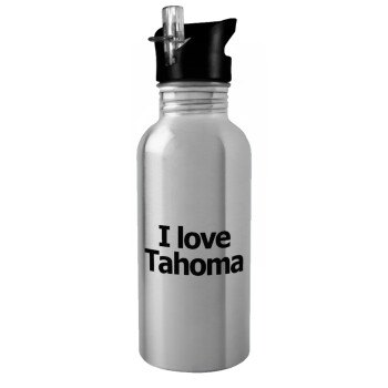 I love Tahoma, Water bottle Silver with straw, stainless steel 600ml