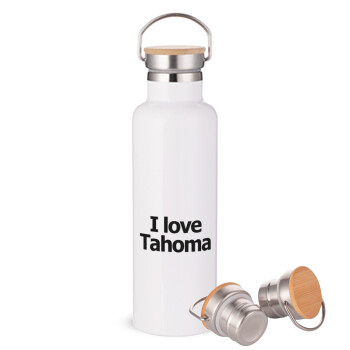 I love Tahoma, Μεταλλικό παγούρι θερμός (Stainless steel) Λευκό με ξύλινο καπακι (bamboo), διπλού τοιχώματος, 750ml
