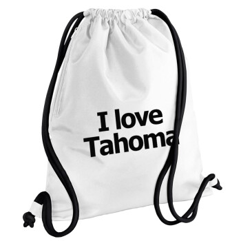 I love Tahoma, Τσάντα πλάτης πουγκί GYMBAG λευκή, με τσέπη (40x48cm) & χονδρά κορδόνια