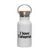 Metallic thermos (Stainless steel) White with wooden lid (bamboo), double-walled, 350ml