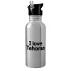 Water bottle Silver with straw, stainless steel 600ml
