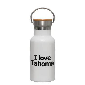 I love Tahoma, Μεταλλικό παγούρι θερμός (Stainless steel) Λευκό με ξύλινο καπακι (bamboo), διπλού τοιχώματος, 350ml