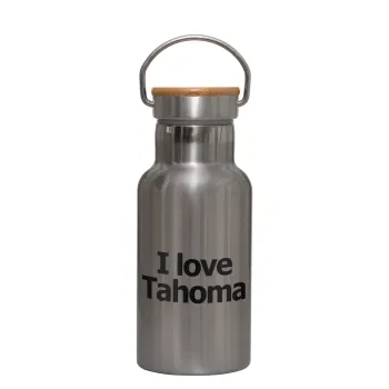 I love Tahoma, Μεταλλικό παγούρι θερμός (Stainless steel) Ασημένιο με ξύλινο καπακι (bamboo), διπλού τοιχώματος, 350ml