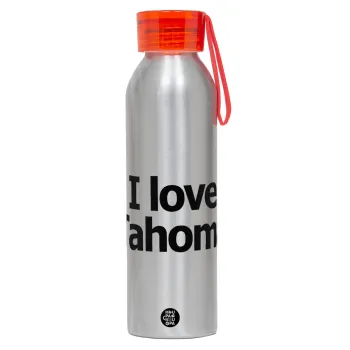 I love Tahoma, Aluminum Sports Bottle 650ml – Silver with Red Cap and Silicone Strap