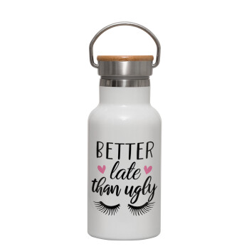 Better Late than ugly hearts, Metallic thermos (Stainless steel) White with wooden lid (bamboo), double-walled, 350ml