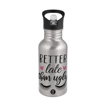 Better Late than ugly hearts, Water bottle Silver with straw, stainless steel 500ml