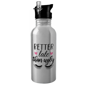 Better Late than ugly hearts, Water bottle Silver with straw, stainless steel 600ml