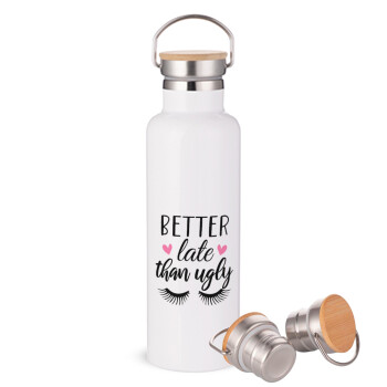 Better Late than ugly hearts, Stainless steel White with wooden lid (bamboo), double wall, 750ml