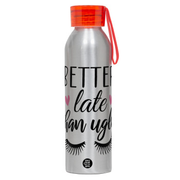 Better Late than ugly hearts, Aluminum Sports Bottle 650ml – Silver with Red Cap and Silicone Strap