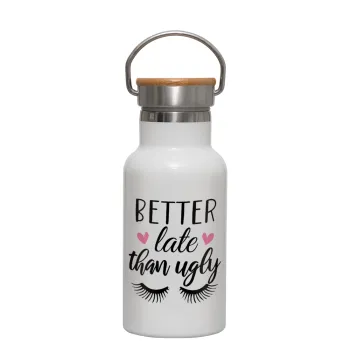 Better Late than ugly hearts, Metallic thermos (Stainless steel) White with wooden lid (bamboo), double-walled, 350ml