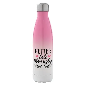 Better Late than ugly hearts, Metal mug thermos Pink/White (Stainless steel), double wall, 500ml