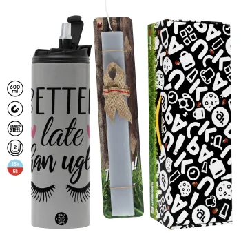 Better Late than ugly hearts, Πασχαλινή Λαμπάδα με Travel Tumbler θερμό (600ml, BPA free) & κερί αρωματικό πλακέ (30cm) (ΓΚΡΙ)