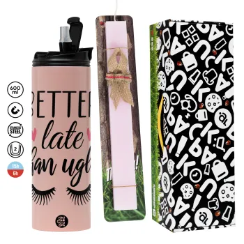 Better Late than ugly hearts, Πασχαλινή Λαμπάδα με  ΡΟΖ Travel Tumbler θερμό (600ml, BPA free) & κερί αρωματικό πλακέ (30cm) (ΡΟΖ)