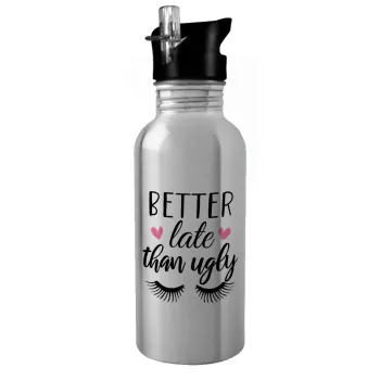 Better Late than ugly hearts, Παγούρι νερού Ασημένιο με καλαμάκι, ανοξείδωτο ατσάλι 600ml