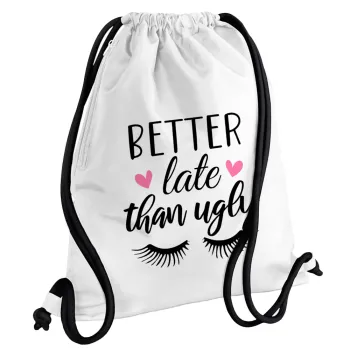 Better Late than ugly hearts, Backpack pouch GYMBAG white, with pocket (40x48cm) & thick cords