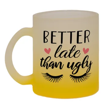 Better Late than ugly hearts, Κούπα γυάλινη δίχρωμη με βάση το κίτρινο ματ, 330ml