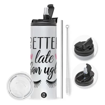 Better Late than ugly hearts, Travel Tumbler θερμό με διπλό καπάκι, μεταλλικό καλαμάκι και βούρτσα καθαρισμού (Ανωξείδωτο 304 Food grade, BPA free, 600ml)