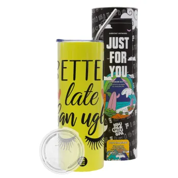 Better Late than ugly hearts, Neon Yellow Travel Tumbler θερμό, μεταλλικό καλαμάκι(Ανωξείδωτο 304 Food grade, BPA free, 600ml)