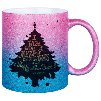 Tree, i wish you a merry christmas and a Happy New Year!!! xoxoxo, Κούπα Χρυσή/Μπλε Glitter, κεραμική, 330ml