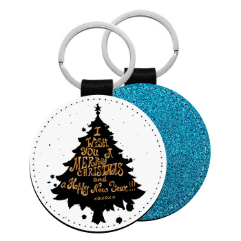 Tree, i wish you a merry christmas and a Happy New Year!!! xoxoxo, Μπρελόκ Δερματίνη, στρογγυλό ΜΠΛΕ (5cm)