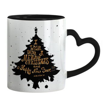 Tree, i wish you a merry christmas and a Happy New Year!!! xoxoxo, Mug heart black handle, ceramic, 330ml