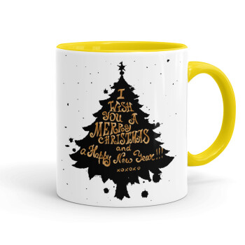 Tree, i wish you a merry christmas and a Happy New Year!!! xoxoxo, Mug colored yellow, ceramic, 330ml