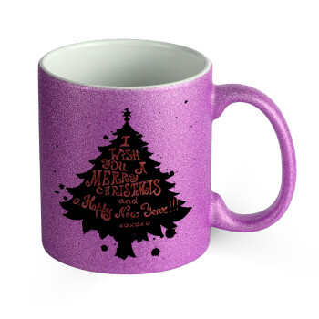 Tree, i wish you a merry christmas and a Happy New Year!!! xoxoxo, Κούπα Μωβ Glitter που γυαλίζει, κεραμική, 330ml
