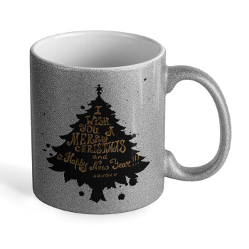 Tree, i wish you a merry christmas and a Happy New Year!!! xoxoxo, Κούπα Ασημένια Glitter που γυαλίζει, κεραμική, 330ml